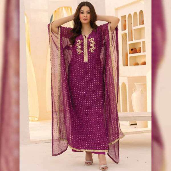 Purple Foil Printed Chiffon Kaftan - Image 4