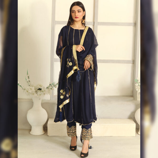 3Pcs Blue Hand Work Chiffon Shalwar Kameez - Image 2