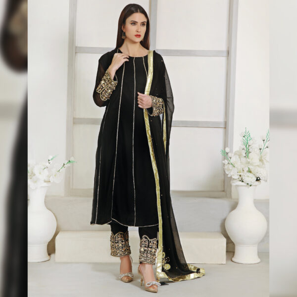 3Pcs Black Hand Work Chiffon Shalwar Kameez - Image 2