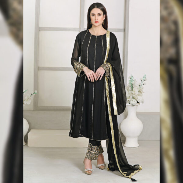 3Pcs Black Hand Work Chiffon Shalwar Kameez - Image 3