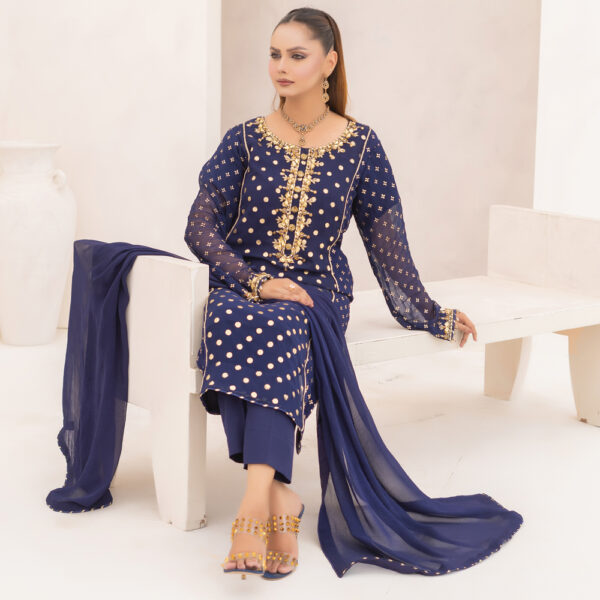 3 Pcs Blue Polka Dot Foil Printed Hand Embroidered Chiffon Suit - Image 2