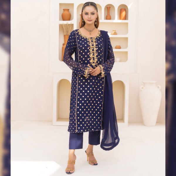 3 Pcs Blue Polka Dot Foil Printed Hand Embroidered Chiffon Suit - Image 5