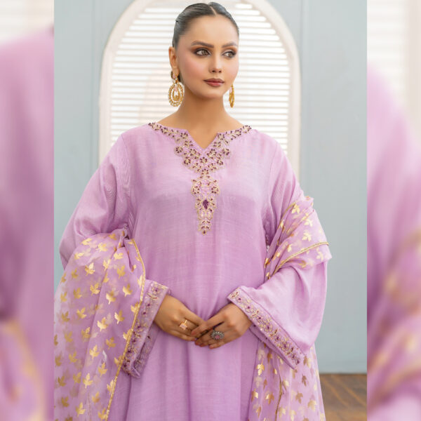 3 Pcs Lilac Hand Embroidered Raw Silk Suit - Image 2