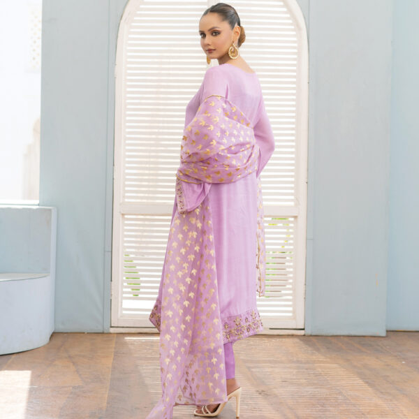 3 Pcs Lilac Hand Embroidered Raw Silk Suit - Image 3