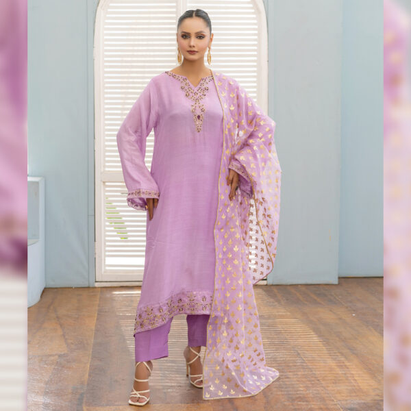 3 Pcs Lilac Hand Embroidered Raw Silk Suit - Image 4