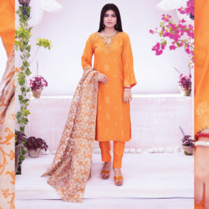 Model pic wearing Orange dress with makhmal dupatta