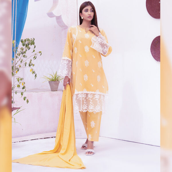 3Pcs Cream Yellow Screen Printed Stitched Lawn Suit