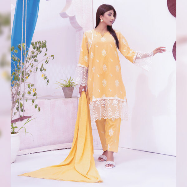 3Pcs Cream Yellow Screen Printed Stitched Lawn Suit - Image 4