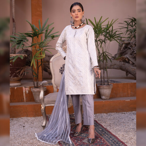 Stitched Embroidered 3Pcs Off-white Lawn Suit - Image 4