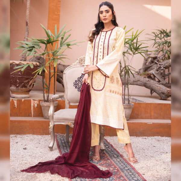 3Pcs Stitched Embroidered Yellow Lawn Suit