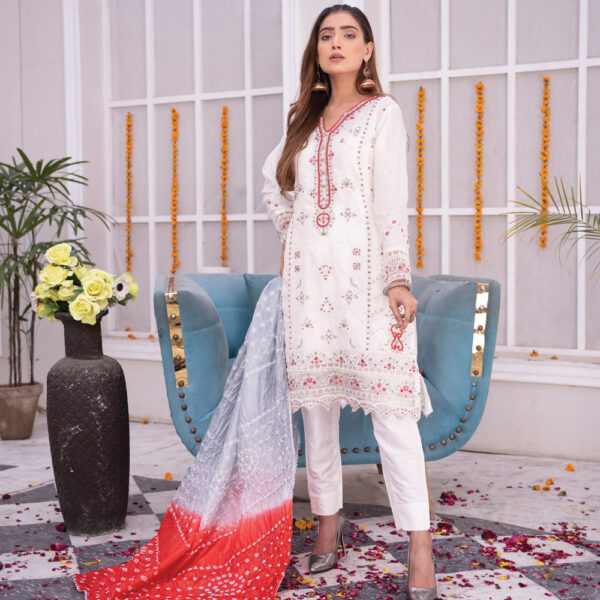 Hand Embroidered 3Pcs Silk Suit With Chunri - Image 4