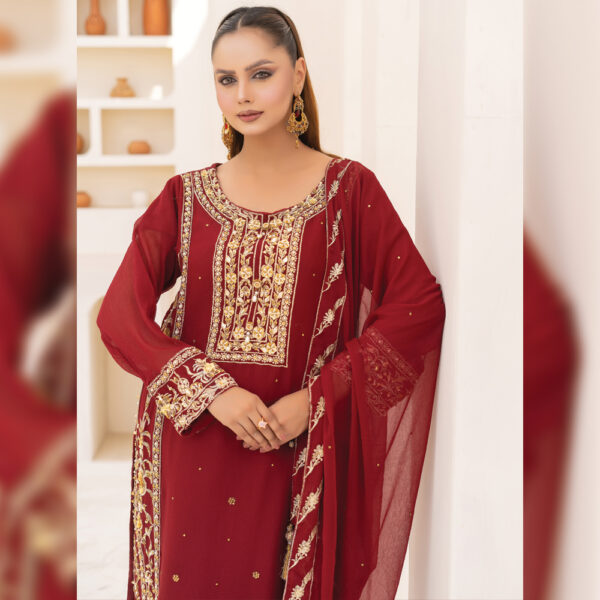 3-Pcs Hand-Embroidered Maroon Chiffon Suit - Image 2