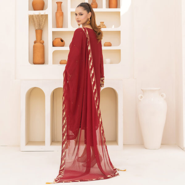 3-Pcs Hand-Embroidered Maroon Chiffon Suit - Image 3