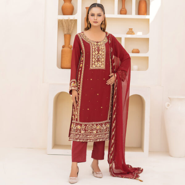 3-Pcs Hand-Embroidered Maroon Chiffon Suit - Image 4