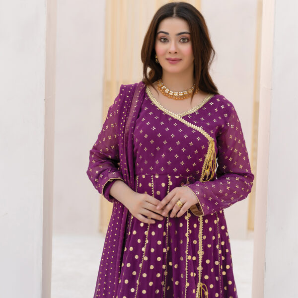 3-Pcs Hand-Embroidered Purple Chiffon Gharara Suit - Image 2