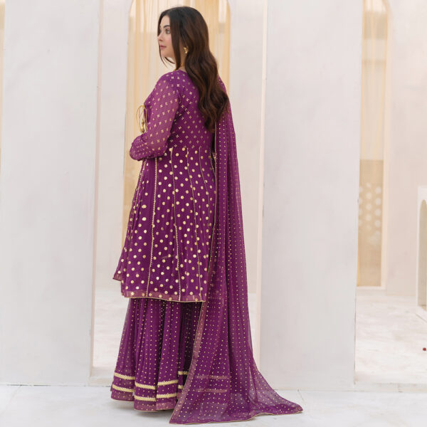 3-Pcs Hand-Embroidered Purple Chiffon Gharara Suit - Image 3