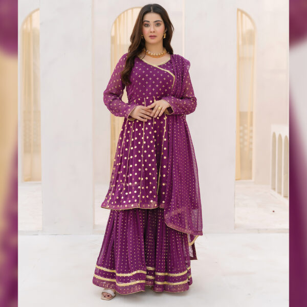 3-Pcs Hand-Embroidered Purple Chiffon Gharara Suit - Image 4