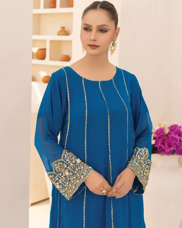 3Pcs Sea Green Hand Work Chiffon Shalwar Kameez - Image 2