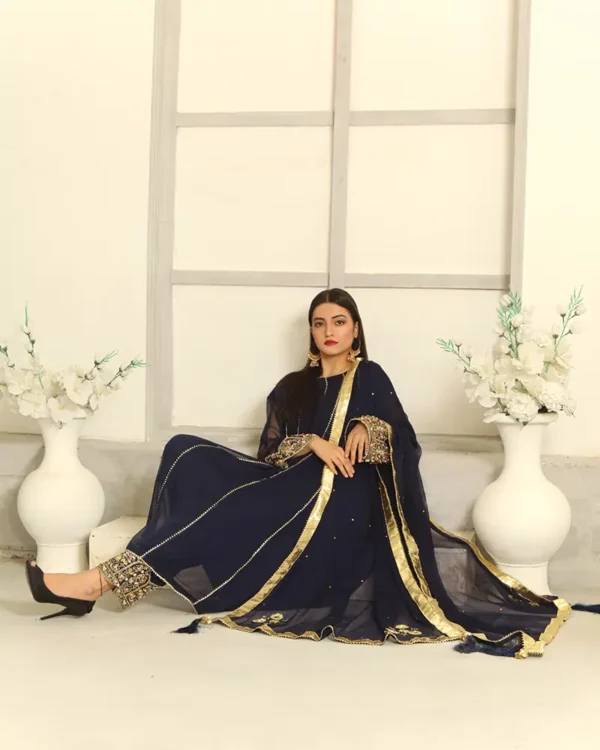 3Pcs Blue Hand Work Chiffon Shalwar Kameez - Image 3