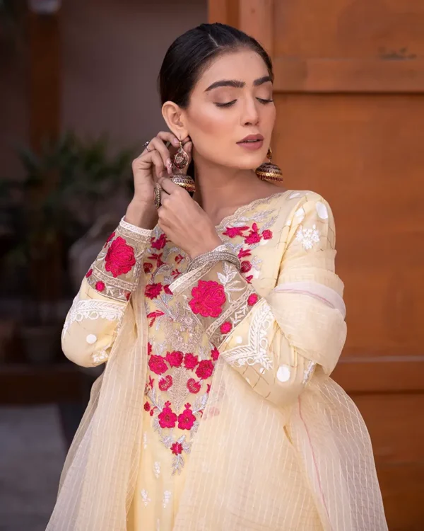 Stitched Embroidered 3Pcs Yellow Lawn Frock - Image 2