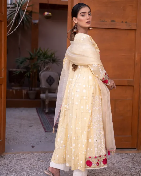 Stitched Embroidered 3Pcs Yellow Lawn Frock - Image 3