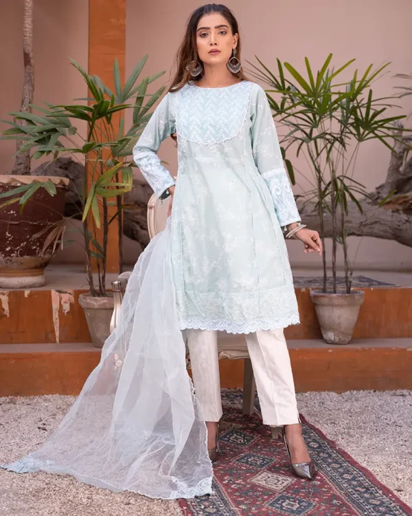 Stitched Embroidered 3Pcs Green Lawn Suit - Image 4