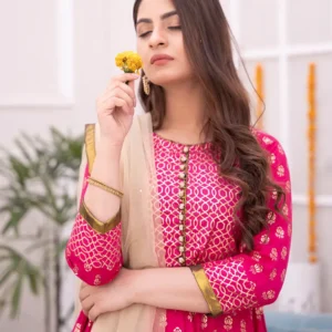 Stitched Gold Printed Kattan Silk 3Pcs Suit