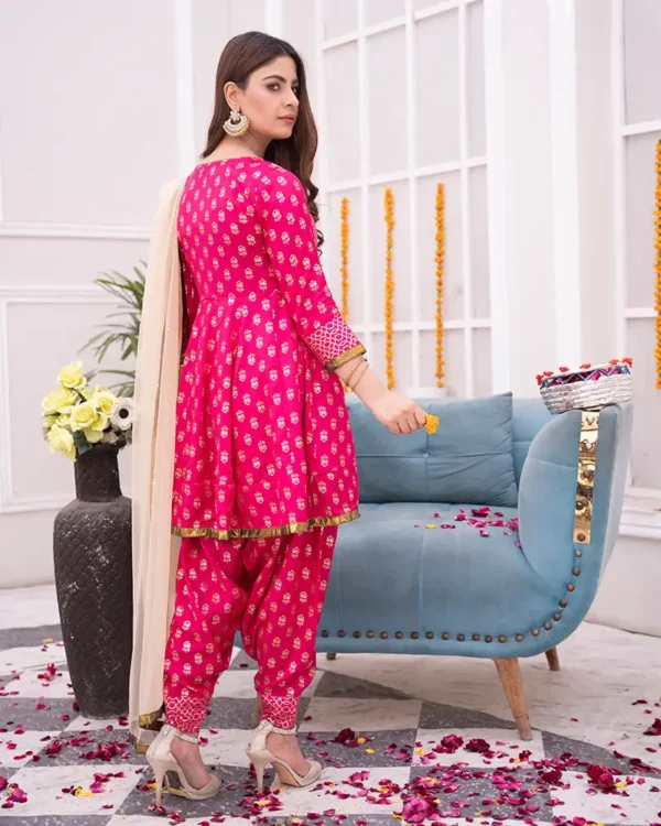 Stitched Gold Printed Kattan Silk 3Pcs Suit - Image 3