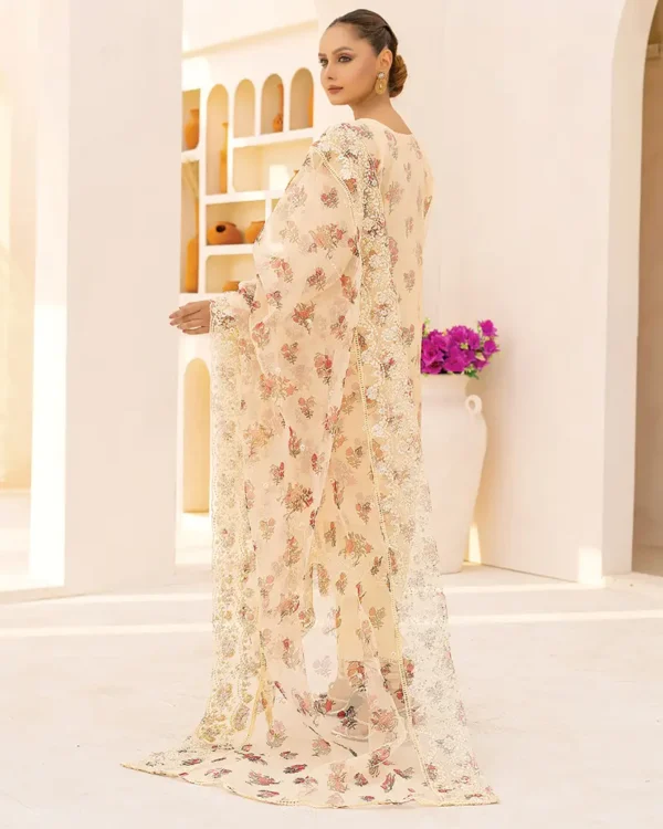 3-Pcs Elegant Cream Hand-Embroidered Organza Suit - Image 3