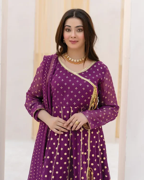 3-Pcs Hand-Embroidered Purple Chiffon Gharara Suit - Image 2