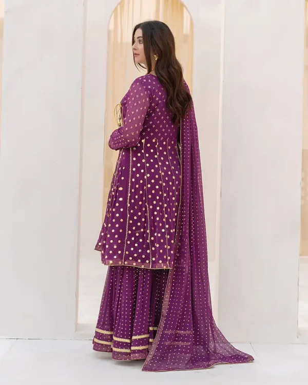 3-Pcs Hand-Embroidered Purple Chiffon Gharara Suit - Image 3