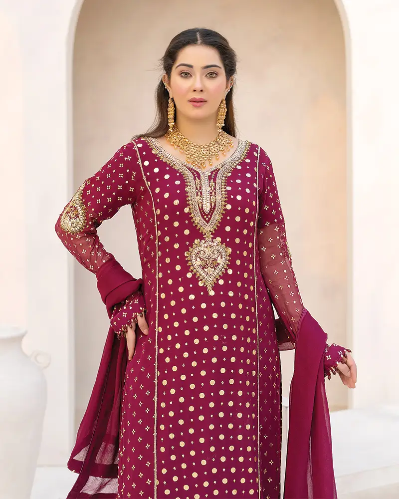 Maroon Foil Print Maroori Chiffon 3Pcs Shalwar Kameez