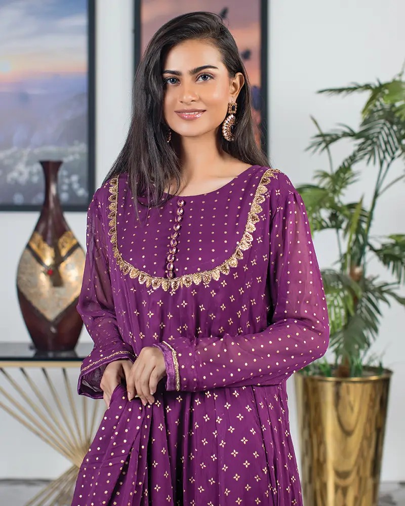 3-Pcs Graceful Chiffon Anarkali Frock