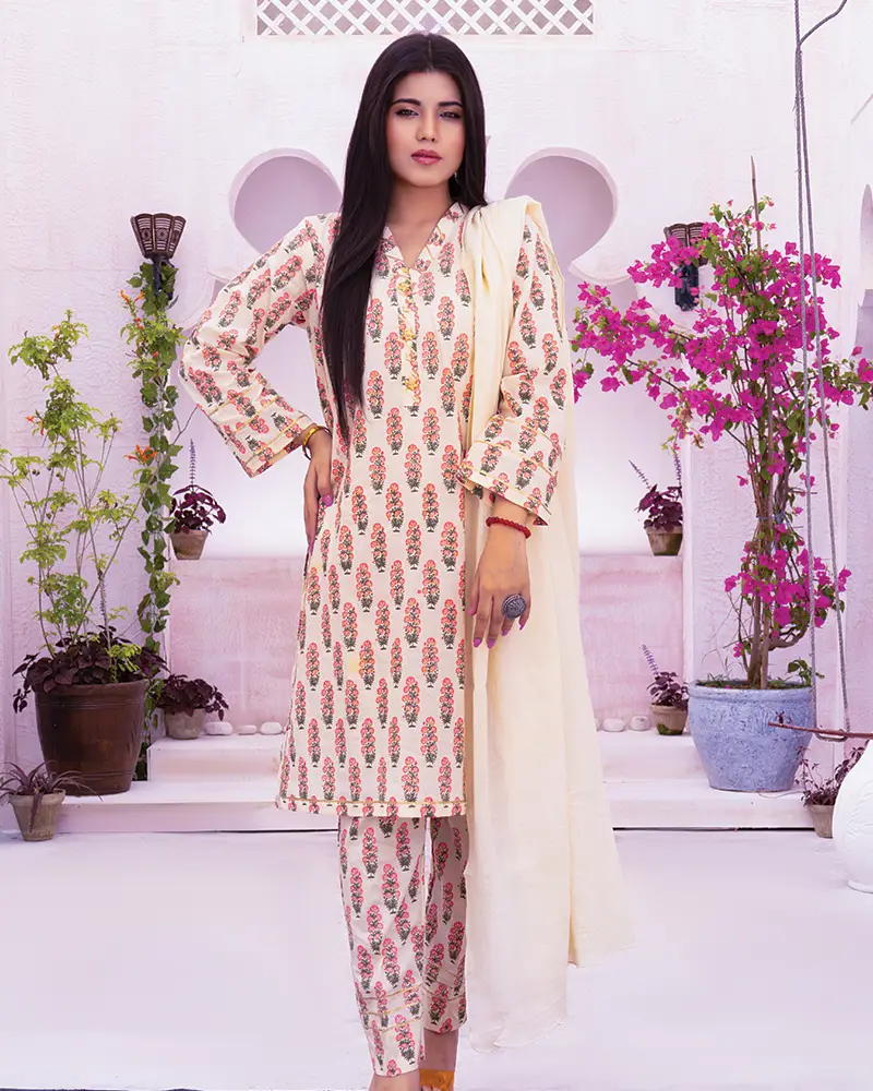 3Pcs Beige Lawn Kurta Suit with Gotta Work