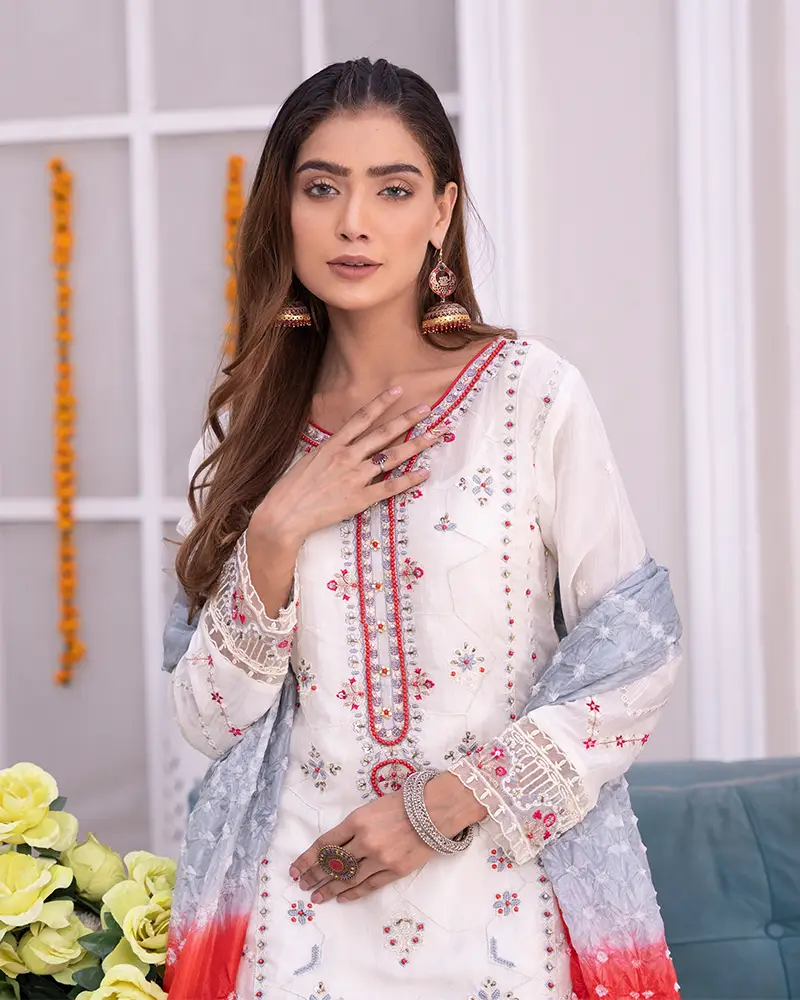 Hand Embroidered 3Pcs Silk Suit With Chunri