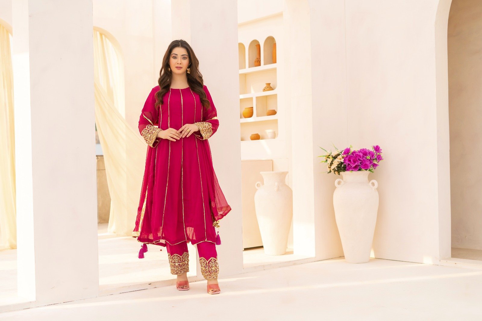 3 Pcs Magenta Hand Work Chiffon Shalwar Kameez