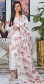 3-Pcs Elegant White Hand-Embroidered Organza Suit