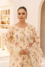 3-Pcs Elegant Cream Hand-Embroidered Organza Suit