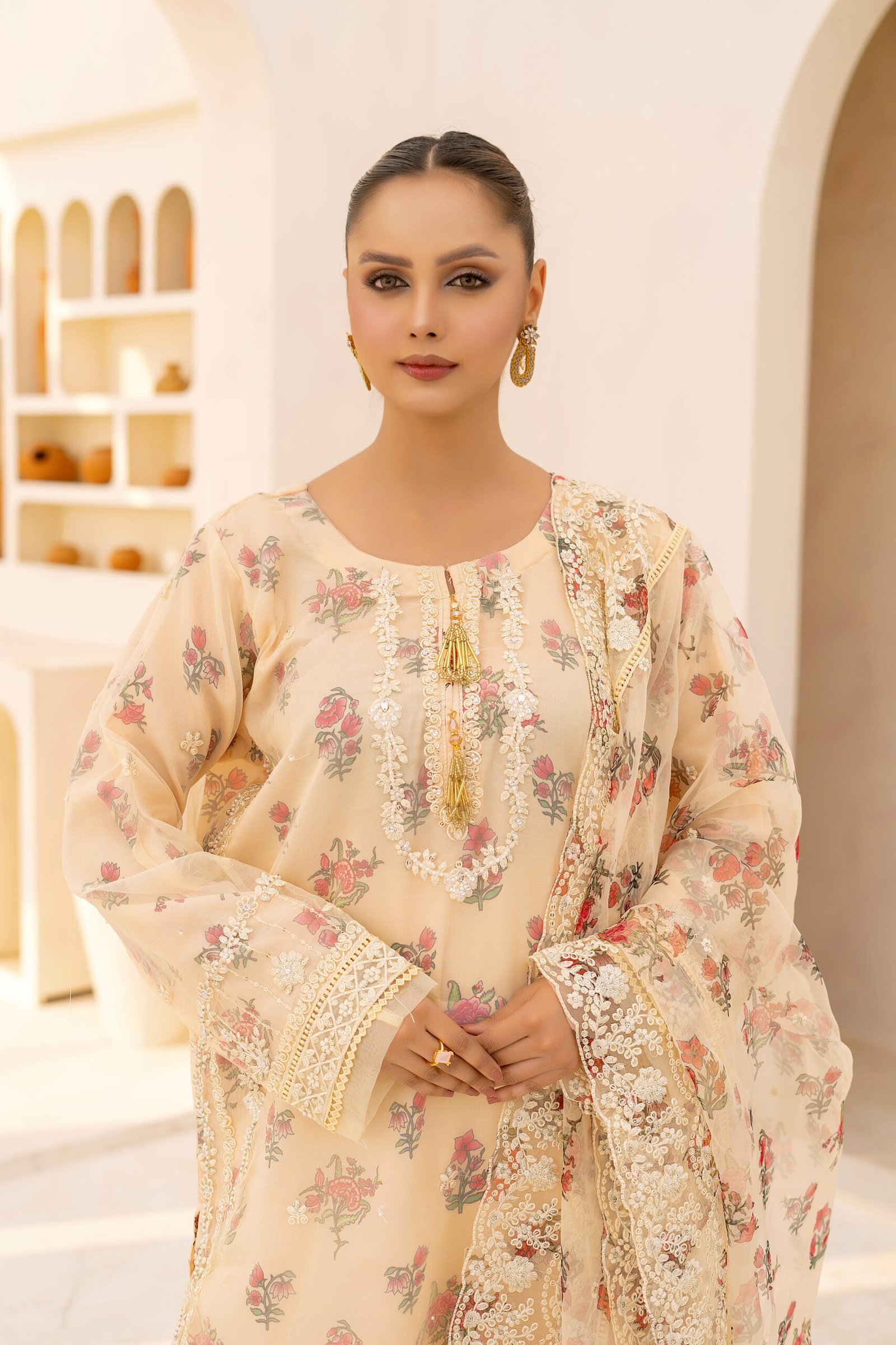 05-4-scaled-1.jpg 3-Pcs Elegant Cream Hand-Embroidered Organza Suit - Image 1