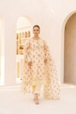 3-Pcs Elegant Cream Hand-Embroidered Organza Suit - Image 3