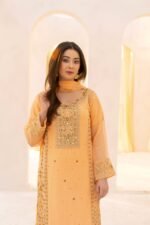 3-Pcs Hand-Embroidered Peach Chiffon Suit - Image 2