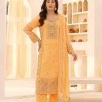 3-Pcs Hand-Embroidered Peach Chiffon Suit