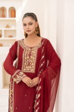 3-Pcs Hand-Embroidered Maroon Chiffon Suit - Image 3