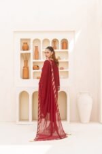 3-Pcs Hand-Embroidered Maroon Chiffon Suit - Image 4