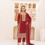 3-Pcs Hand-Embroidered Maroon Chiffon Suit