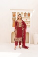 3-Pcs Hand-Embroidered Maroon Chiffon Suit