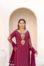 3-Pcs Maroon Foil Print Maroori Chiffon Suit - Image 2