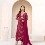 3-Pcs Maroon Foil Print Maroori Chiffon Suit