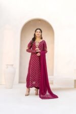 3-Pcs Maroon Foil Print Maroori Chiffon Suit