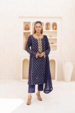 3-Pcs Blue Foil Print Hand Embroidery Chiffon Suit